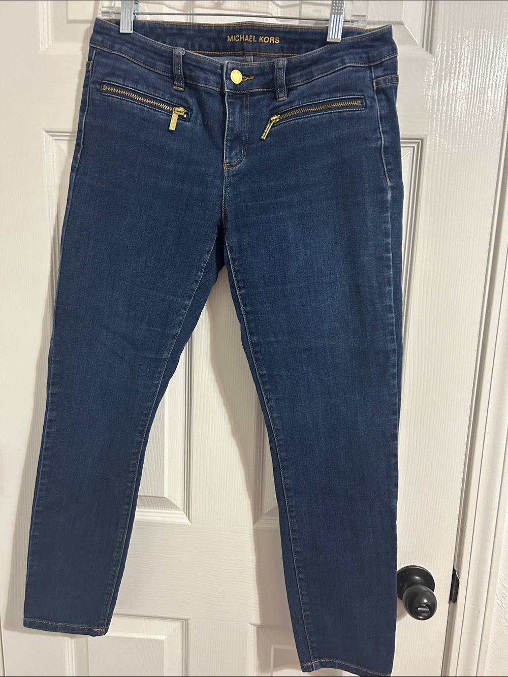 Michael Kors Navy Skinny Jeans with Gold Zipper Details